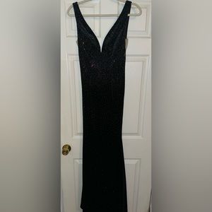 Black prom dress, blue/yellow sparkles, size 0, never worn, deep V
